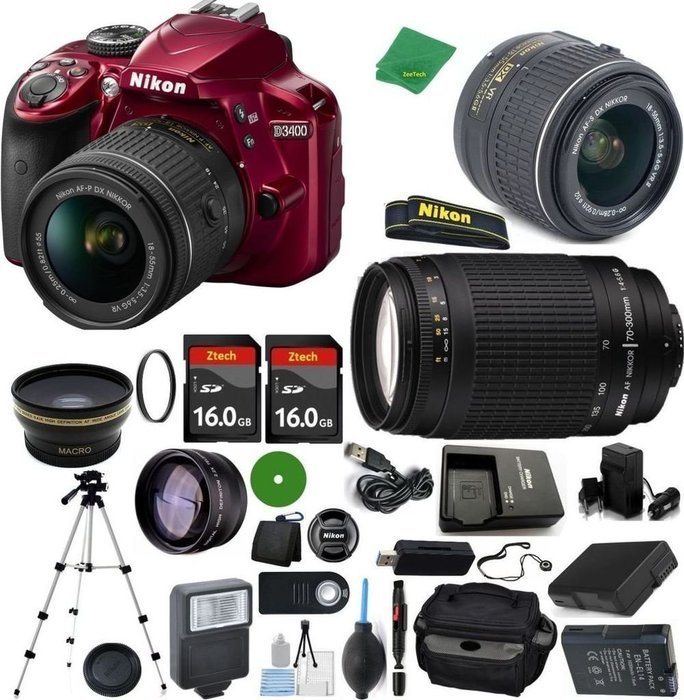 Nikon D3400 - International Version (No Warranty), 18-55mm f/3.5-5.6 DX VR, Nikon 70-300mm f/4-5.6G, 2pcs 16GB...