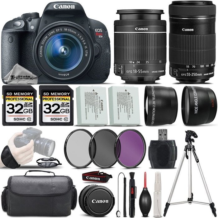 Canon EOS Rebel T5i DSLR Camera + Canon 18-55mm IS STM Lens + Canon 55-250mm IS STM Lens + 64GB Storage + 2.2x... N3
