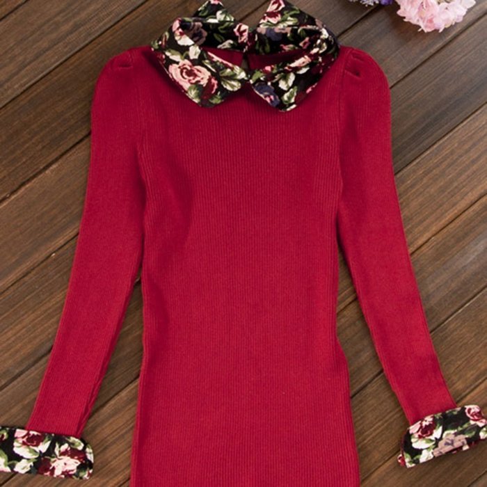 Spritech(TM) Fashion Women Thicken Basic Warm Crystal Pearl Doll Collar Long Puff Sleeve Slim Fit Velvet Sweater... N9