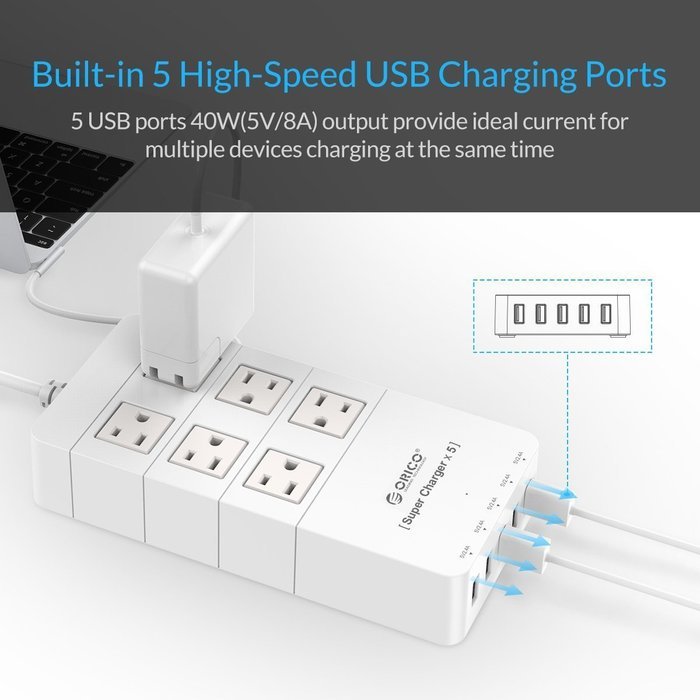 ORICO Home/office 6-Outlet Surge Protector Power Strip 5ft Power Cord with 5 Port 40W USB Charger,1700 Joule -... N13