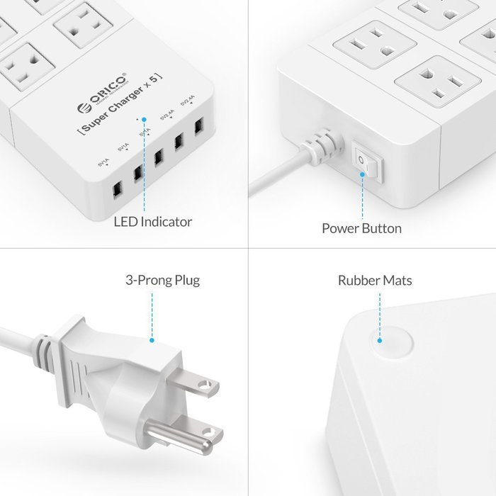 ORICO Home/office 6-Outlet Surge Protector Power Strip 5ft Power Cord with 5 Port 40W USB Charger,1700 Joule -... N14
