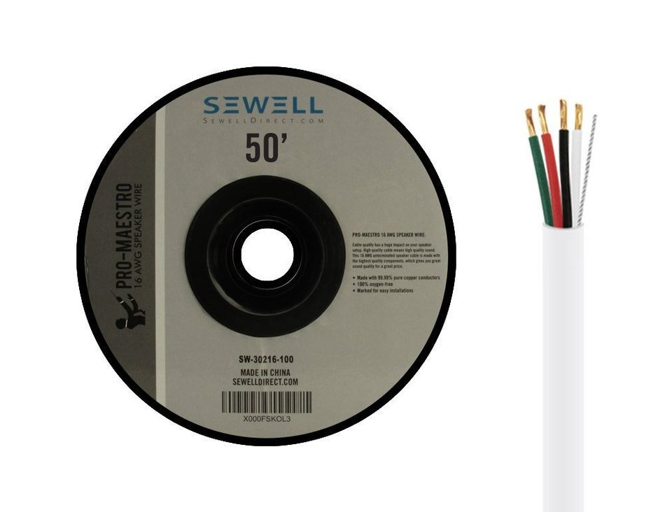 Sewell 16 AWG Speaker Wire, 4- Conductor, CL3 Rated (For in-wall Installation), 50 ft