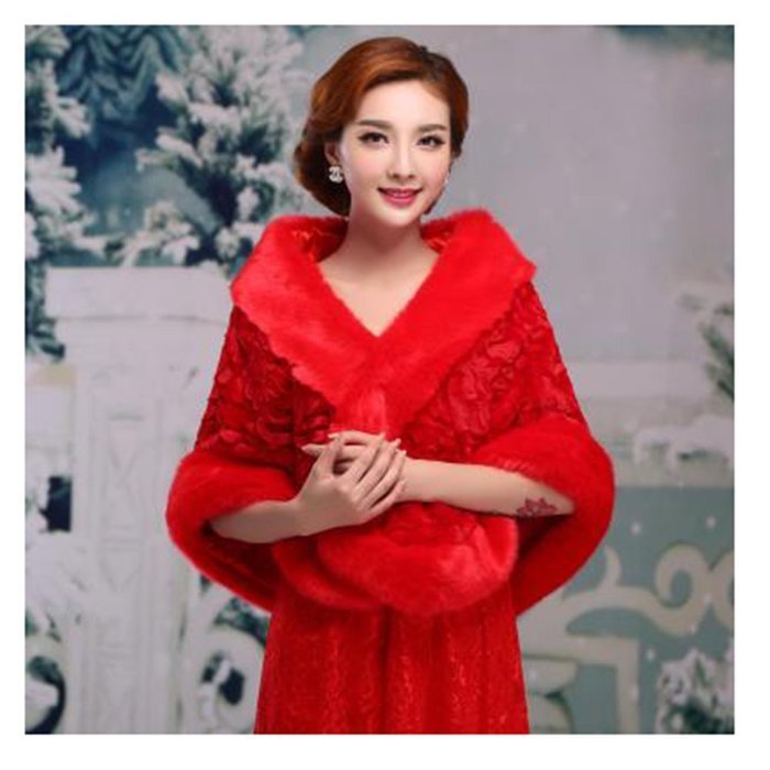 KAKA(TM) Gorgeous Winter Bridal Wedding Dress Wrap Artificial Plush Shawl-Red