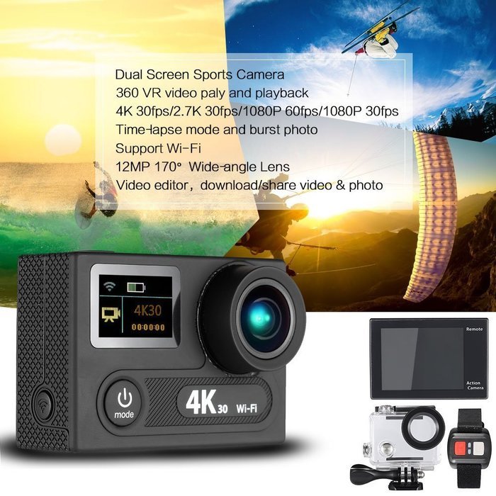 Ultra HD 4K Action Camera Wifi 1080P 12MP 2" Dual Screen LCD 360 Degree VR Camera 170 Degree Wide-angle Waterproof... N2