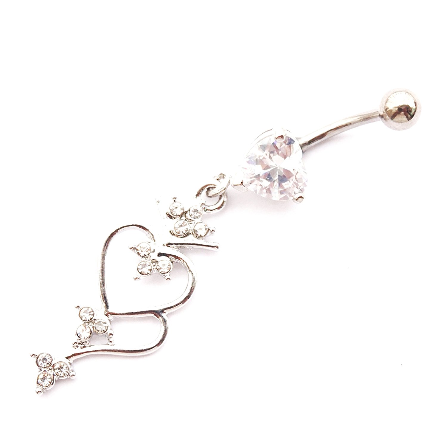 Dedegui 14g Silver double hearts Dangling Belly Button Navel Ring Body ...