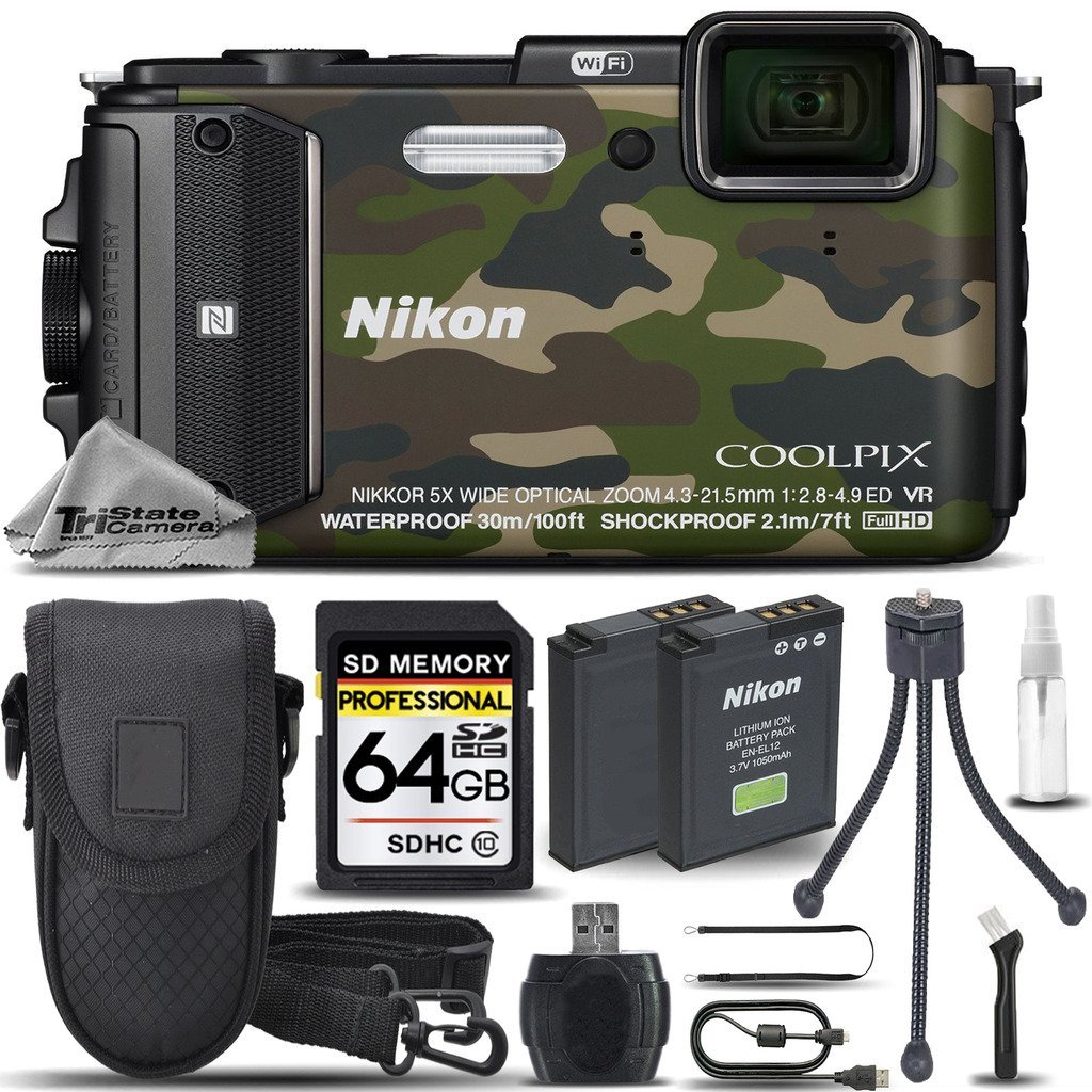 Nikon COOLPIX AW130 16MP Waterproof Digital GPS WiFi Camera (Camouflage) + 64GB Class 10 Memory