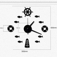 MuLuo Mediterranean DIY Rudder Fish Lifebuoy Wall Clock 3D Wall Stickers Watches Home Decor silver N5