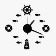 MuLuo Mediterranean DIY Rudder Fish Lifebuoy Wall Clock 3D Wall Stickers Watches Home Decor silver N6