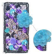 Spritech(TM) PU Leather Bling Phone Case For ZTE ZMAX Z970,Handmade Silver Crystal Rose Butterfly Accessary Design... N2