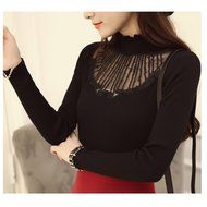 KAKA(TM) Girl Women Spring Autumn Long Sleeve Blouses Lucency Gauze Slim Sweater black