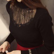 KAKA(TM) Girl Women Spring Autumn Long Sleeve Blouses Lucency Gauze Slim Sweater black N2