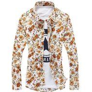 KAKA(TM) Men Spring Autumn Long Sleeve Print Flower Slim Casual Shirt L
