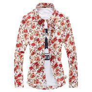 KAKA(TM) Men Spring Autumn Long Sleeve Print Flower Slim Casual Shirt L N2