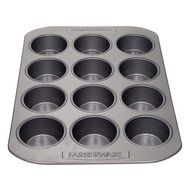 Premium Farberware Gray 12 Cup Non Stick Standard Size Baking Pan and a Jamie Soft Grip Potato Masher Combo N2