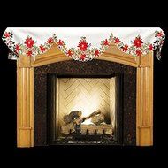 19" X 90" Wide Christmas Embroidered Red Poinsettia and Green Leaves on White Fireplace Mantle Scarf N2