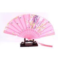 U Ring Hanger Floral Print Chinese Knot Folding Hand Fan w Holder