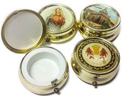 Holy land Keepsake Round Golden Metal Pill Mint Box Case Jerusalem 1.6" N3