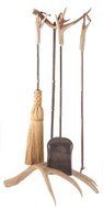 Large Antler fireplace set w/straw broom. Real Deer antler base and top. Wrought iron tools. Stand 38"H tools...