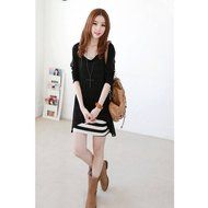 Evtech(tm) Women's Fake Two-piece Dress Long Sleeve Stripe Loose Drape Round-neck Dress Black - XL