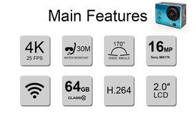 Homkm Q3H+ Basic 4K Full HD 1080p Action Camera MAX 30M Waterproof Camera 6 Glass + LED Lens 170&deg; Wide Angle (... N14