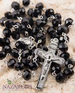 Catholic Black 10mm Crystal Beads Rosary Holy Soil Medal &amp; Silver Crucifix