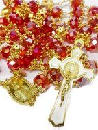 High Quality St. Benedict Gold Plated Red Crystals Beads Rosary Miraculous Medal N2