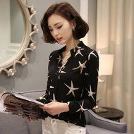KAKA(TM) Girl Women Spring Autumn Chiffon Long Sleeve Blouses OL Style Shirt Starfish Pattern Black XL