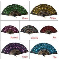 MECO(TM) Peacock Pattern Sequin Fabric Hand Fan Decorative Fashionable (Red)