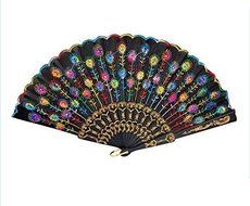 MECO(TM) Peacock Pattern Sequin Fabric Hand Fan Decorative Fashionable (Red) N2