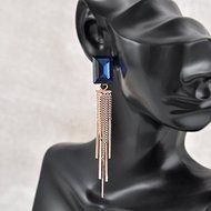 Vintage Rose Gold Long Tassel Blue Crystal Womens Party Eardrop Dangle Earrings