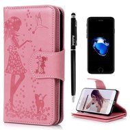 Badalink iPhone 7 Wallet Case (4.7") 9 Card Slots Plastic Mirror Flip Stand Case Embossed Flower Girl PU Leather... N14