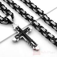 Mens 24" Stainless Steel Black Silver Byzantine Chain Necklace Cross Pendant 7K