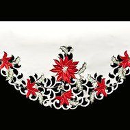 19" X 90" Wide Christmas Embroidered Red Poinsettia and Green Leaves on White Fireplace Mantle Scarf N3