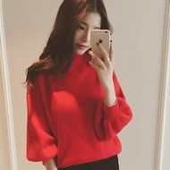 Spritech(TM) Fashion Women Basic Loose Knit Pullover Puff Sleeve Sweatshirt Sweater White