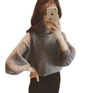 Spritech(TM) Fashion Women Basic Loose Knit Pullover Puff Sleeve Sweatshirt Sweater White N3