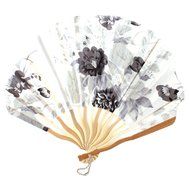 Bamboo Ribs Flower Print Seashell Shape Folding Hand Fan White Gray