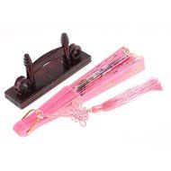 U Ring Hanger Floral Print Chinese Knot Folding Hand Fan w Holder N3