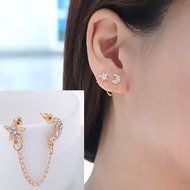 Women Gold plated Moon &amp; Star Shape Crystal Rhinestone Cuff Link Stud Earrings