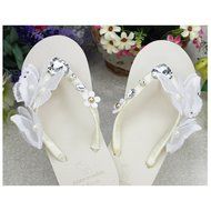 KAKA(TM) Women's Fashion Rhinestone Glitter Studded Crystal Flower Thong Sandals Flip Flops Sandals White 35-36 N2