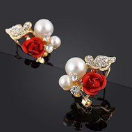 Red Rose Floral & Imitation Pearl Stud Earrings 18KT Gold Plated Crystal Jewelry