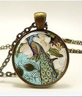 Peacock Necklace, Victorian Style Peacock Jewelry Glass Art Pendant