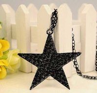 New Rhinestone Beauty Long Necklace Black Big Pentagram Star Pendant Fashion N4