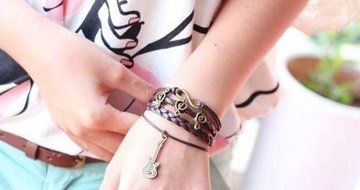 Retro Infinity Guitar Music Friendship Antique Copper Leather Charm Bracelet