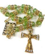 Golden Car Rearview Mirror Rosary Green Crystals Beads &amp; Zircons Cross Jerusalem N3