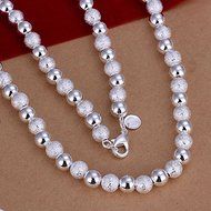 New Women 925 Sterling Silver Plated Bead Chain Bracelet Necklace Jewelry Set