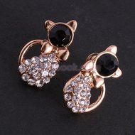 Unique Golden Cute Little Cat Stud Earrings with Shiny White Body Black Head