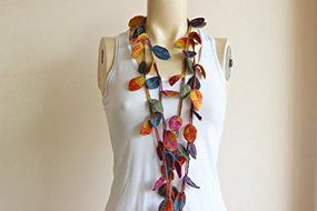 Leaves Necklace Scarf-Multicolor Crochet Necklace-Multicolor Lariat Scarf-Mohair Crochet Scarf with Gold Glitter...