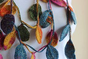 Leaves Necklace Scarf-Multicolor Crochet Necklace-Multicolor Lariat Scarf-Mohair Crochet Scarf with Gold Glitter... N2