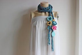 Green Crochet Scarf-Lariat Necklace Scarf- Olive Green ,Mustard,Orange Scarf-Flowers and Leaves Scarf-Hippie Scarf N6
