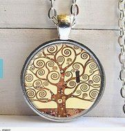 Gustav Klimt Tree Of Life Pendant, Tree Of Life Necklace, Silver And Glass Dome Art Necklace